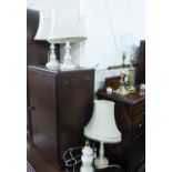 TWO BRASS CANDLESTICK PATTERN TABLE LAMPS AND THE FARIC SHADES, PAIR OF WHITE PAINTED CARVED WOOD