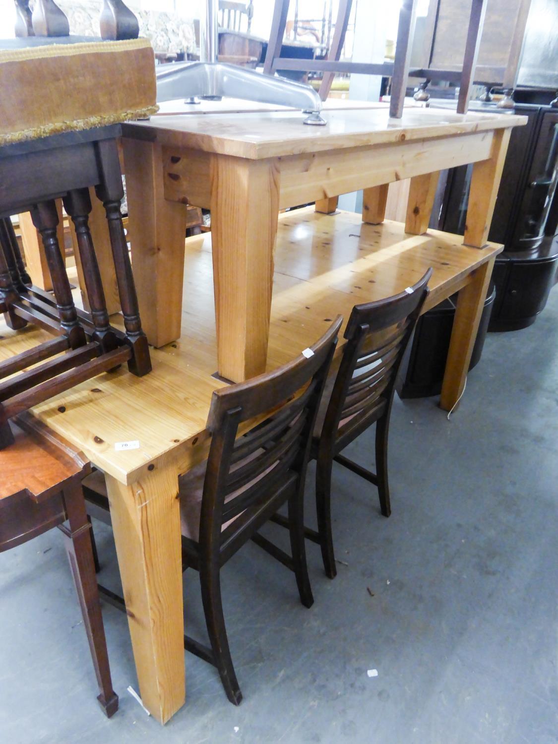 A LARGE PINE EXTENDING DINING TABLE, WITH TWO BENCH SEATS AND A SIMILAR DINING CHAIR (4) - Image 2 of 2
