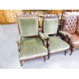 PAIR OF EDWARDIAN WALNUTWOOD LADIES AND GENTS DRAWING ROOM ARMCHAIRS, COVERED IN GREEN FABRIC,