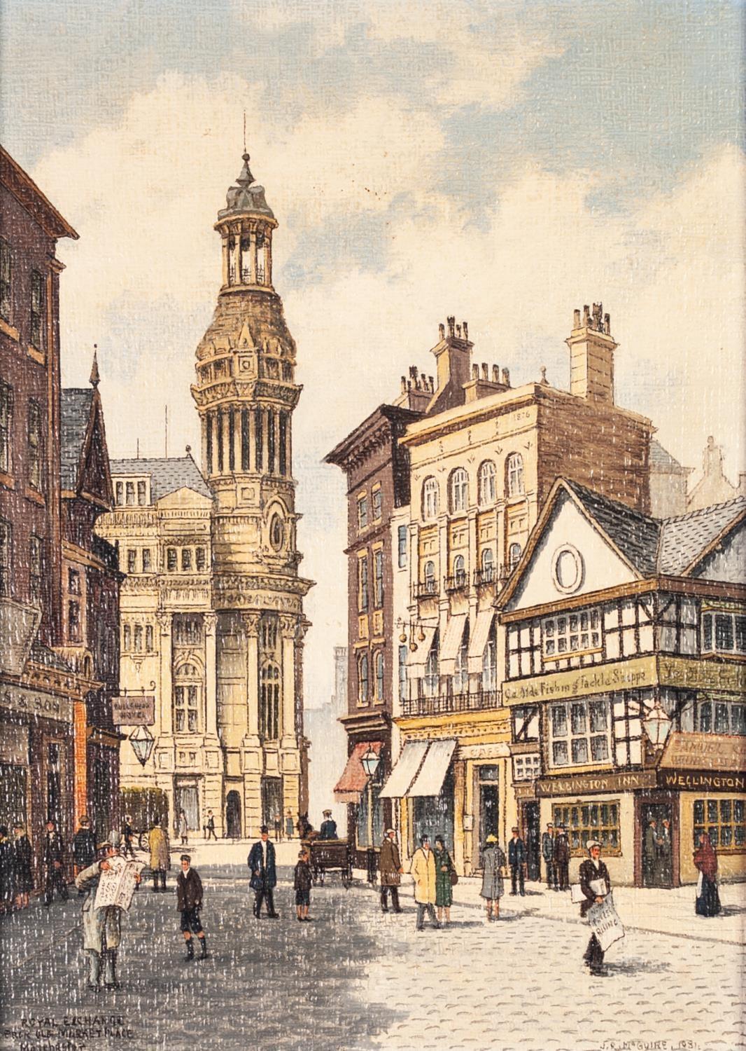 J.R. McGUIRE OIL PAINTING ON BOARD 'Royal Exchange from Old Market Place' Signed and dated 1981