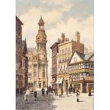 J.R. McGUIRE OIL PAINTING ON BOARD 'Royal Exchange from Old Market Place' Signed and dated 1981