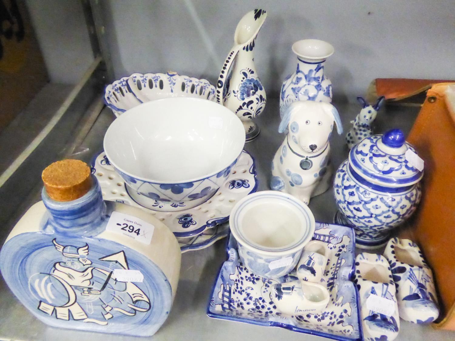 14 PIECES OF BLUE AND WHITE POTTERY TO INCLUDE; CLOGS, RUSHTON POTTERY JURBY 'ISLE OF MAN', PLATES