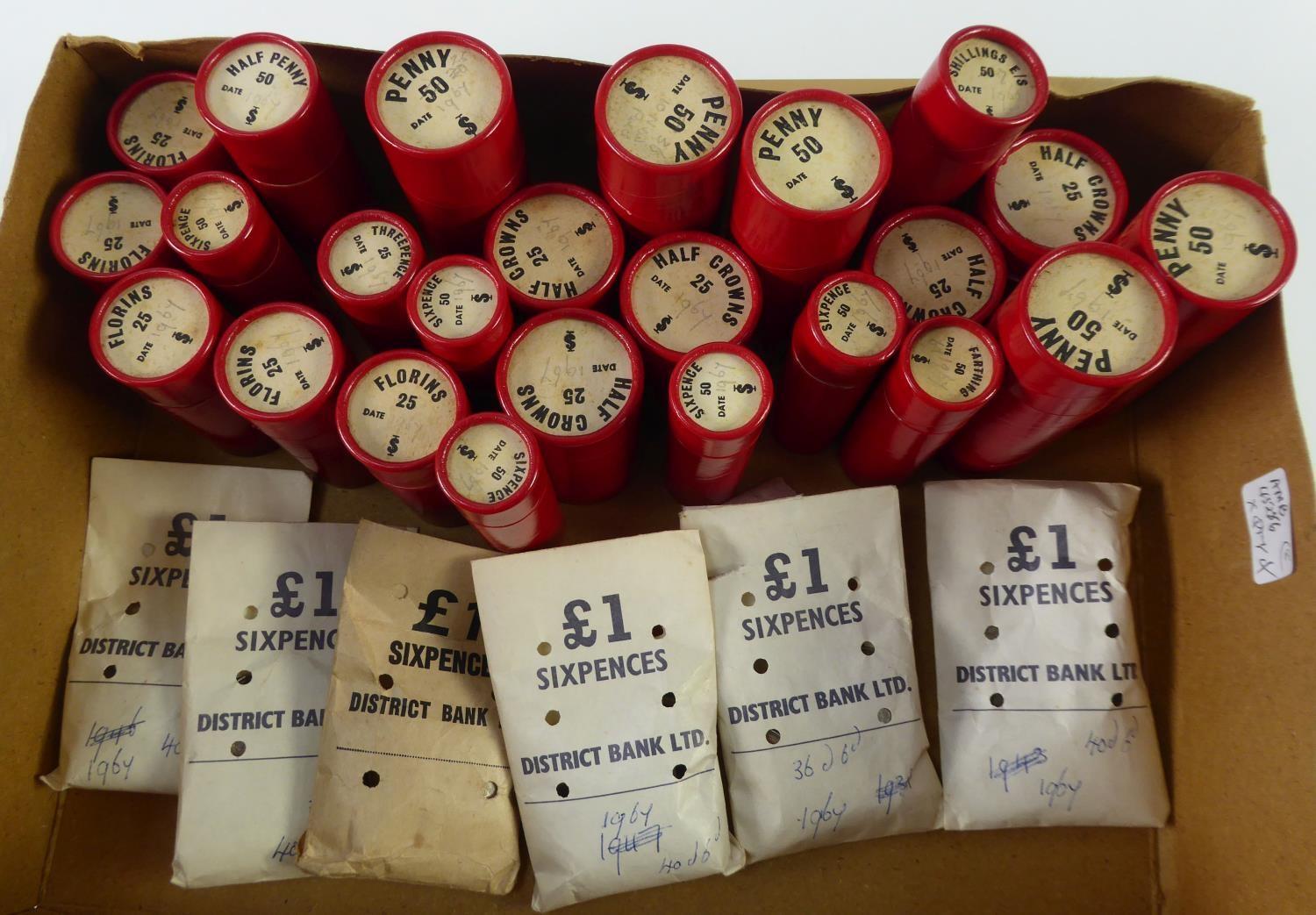 SELECTION OF QUEEN ELIZABETH II MINT COINS IN BANK-ISSUE RED CARDBORD TUBES, viz five tubes each