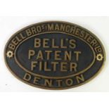 HEAVY EMBOSSED BRASS OVAL NAMEPLATE 'Bell Bros Manchester Ltd, Denton - Bell's Patent Filter', 11