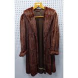 LADY'S BROWN DYED ERMINE FULL-LENGTH FUR COAT with long shawl collar, cuffs, hook fastening front