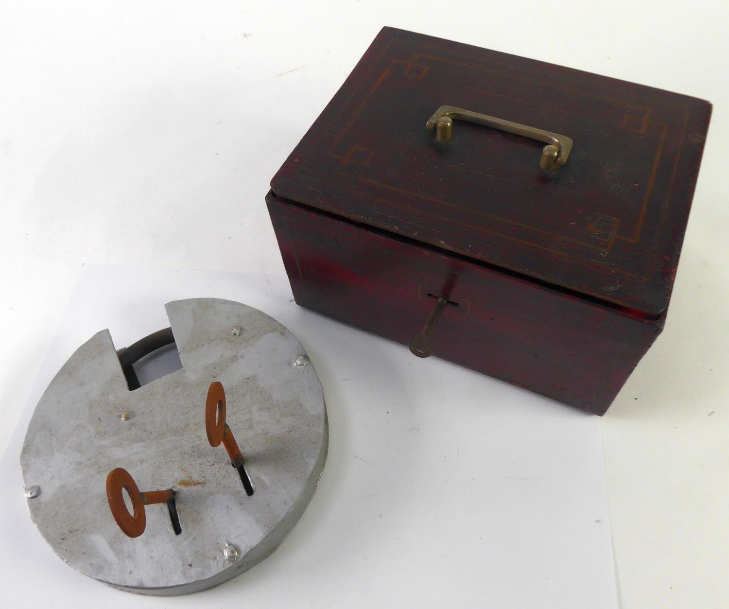 EARLY 20th CENTURY PAINTED METAL STRONG BOX, with double lock and the key, swing top handle, 9 1/