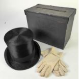 'WEST END STYLE' LONDON 'EXTRA QUALITY' TOP HAT together with a pair of WHITE FABRIC GLOVES, in a