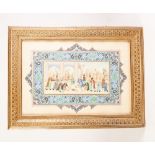 A MODERN INDO-PERSIAN WATERCOLOUR MINIATURE ON AN IVORY TABLET with an elaborate painted surround in