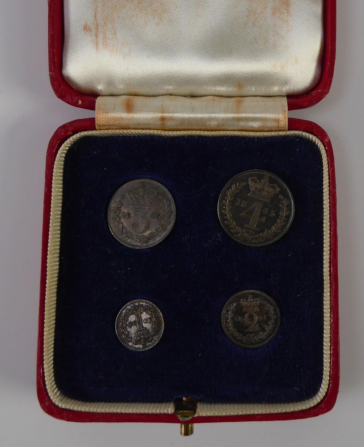 VICTORIA MAUNDY SET OF FOUR SILVER COINS 1845, in uncirculated condition, viz four pence (groat),