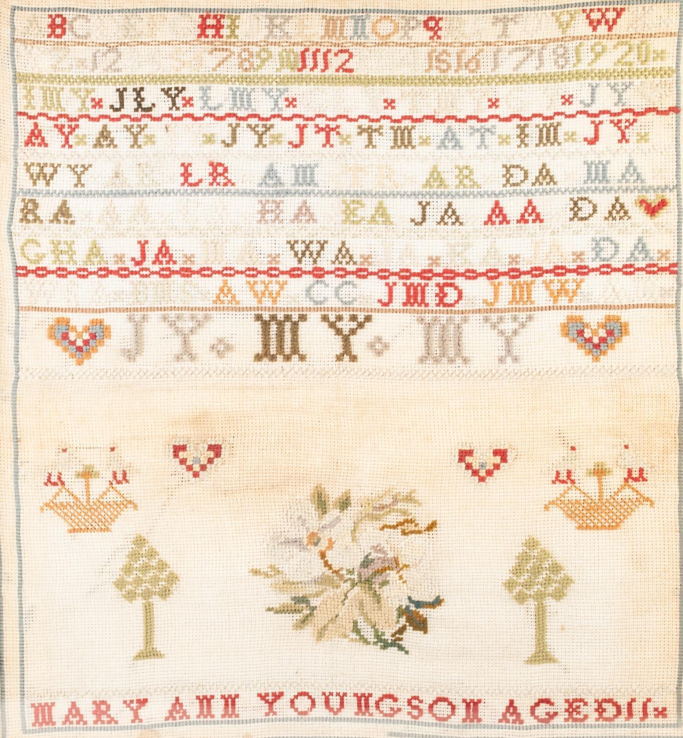 MID VICTORIAN WOOLWORK SAMPLER, numerical and alphabetical and with flowers and trees 'Mary Ann