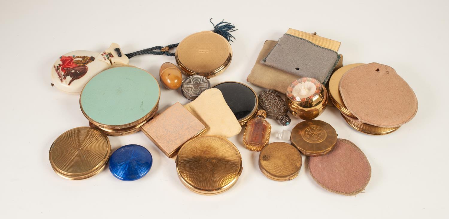 FOURTEEN VARIOUS METAL LADIES COMPACTS, another orb shape gilt metal COMPACT, two metal mounted