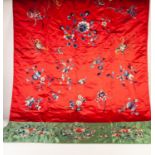 CHINESE SILK PANEL RED AND GREEN, with handworked design in gilt thread and coloured silks of