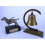 BRASS SHIP'S BELL PATTERN GONG suspended in a brass 'C' shaped stand, on brass stepped oblong