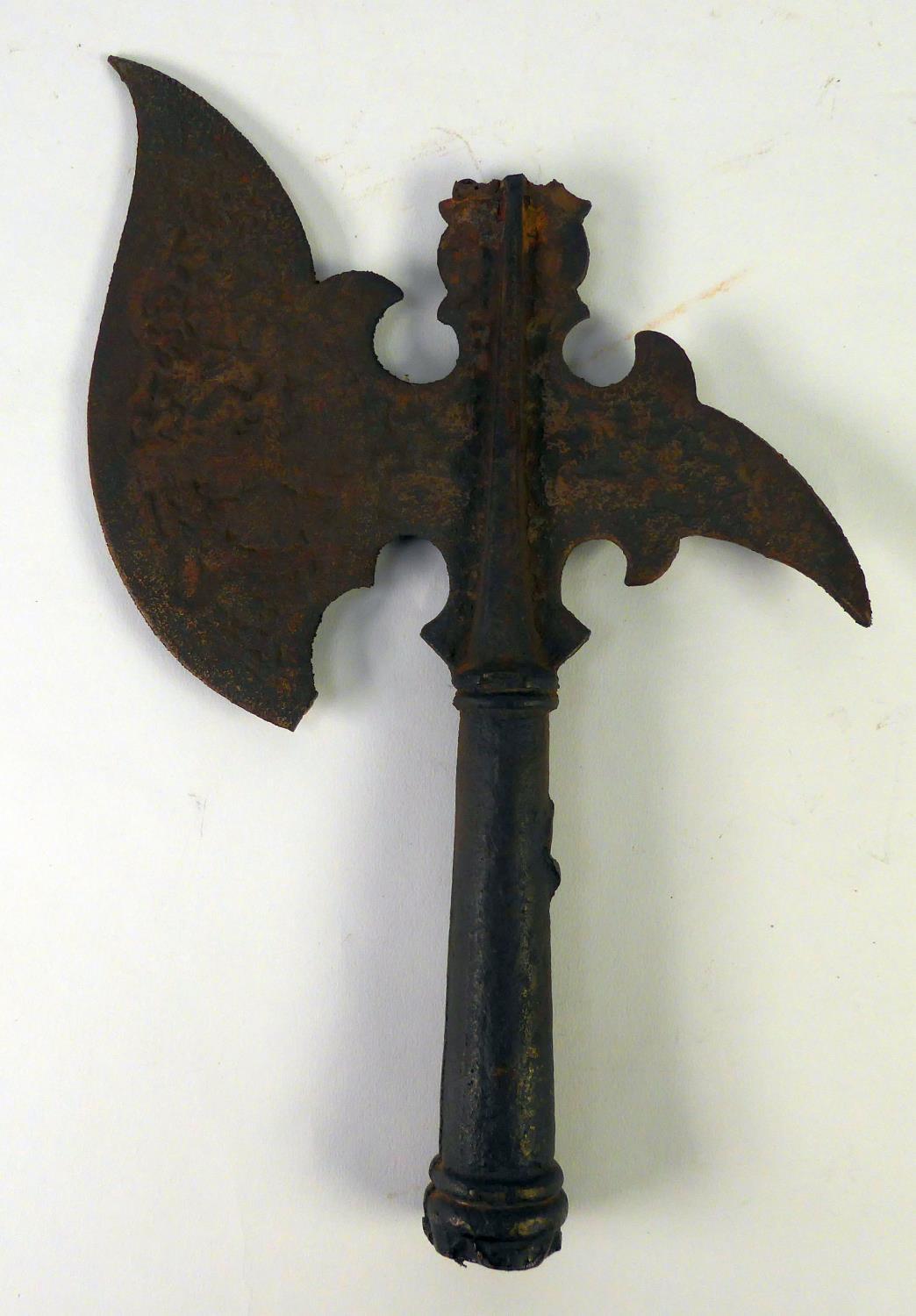 ANTIQUE CAST AND CHASED METAL ORNATE BATTLE AXE HEAD (a.f.)