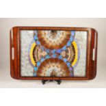 PARQUETRY INLAID STIANED WOOD TWO HANDLE TRAY, with ornate radiating design of exotic butterfly