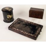 ORIENTAL OBLONG LACQUERED BOX AND COVER, all over design of petals or leaves, interior with three