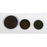 GEORGE III IRISH COPPER PENNY 1822, AND TWO OTHER GEORGE III PIECES dated 1768 and 1800