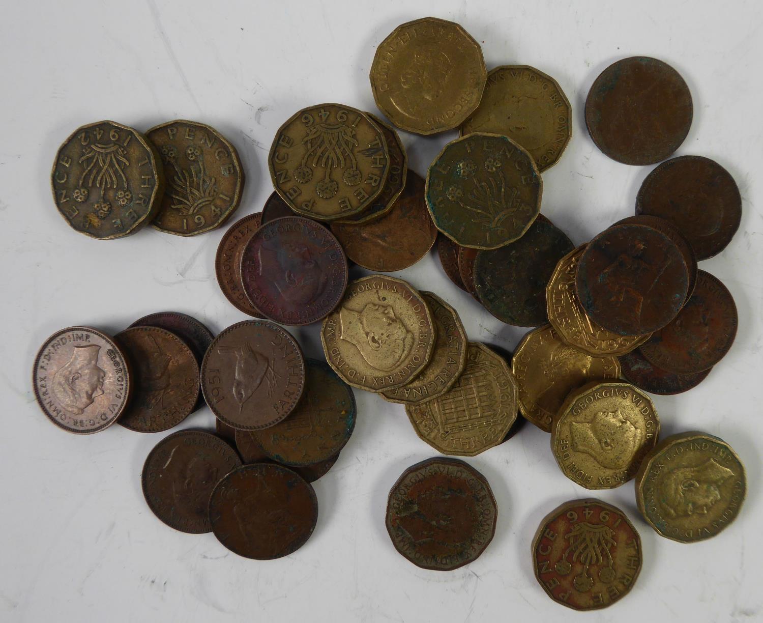 TWENTY FOUR PRE DECIMAL COPPER FARTHINGS AND 16 PRE DECIMAL THREE PENNY BITS (40) and 100 - Image 2 of 2