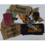 THREE 'HOME GUARD' PRINTED KHAKI FABRIC ARM BANDS, TWO DITTO FIRE GUARD, EIGHT VARIOUS CLOTH