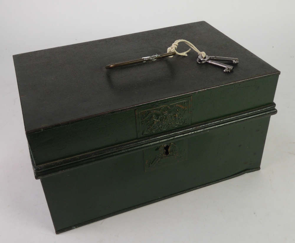 MILNER & SON (LIVERPOOL) METAL STRONG BOX with two keys, 13 3/4" (35cm) long