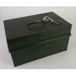 MILNER & SON (LIVERPOOL) METAL STRONG BOX with two keys, 13 3/4" (35cm) long