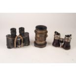 PAIR OF FIELD GLASSES, plated metal and brown leather with shaped eye pieces, in leather case,