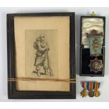 SET OF THREE WWI MILITARY MEDAL MINIATURES WITH RIBBONS mounted on a metal pin bar, in case; RAOB