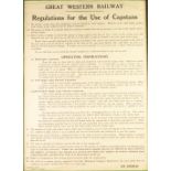 A FRAMED GREAT WESTERN RAILWAY 'REGULATIONS FOR THE USE OF CAPSTANS' dated August 1932 (G.M.O, C.