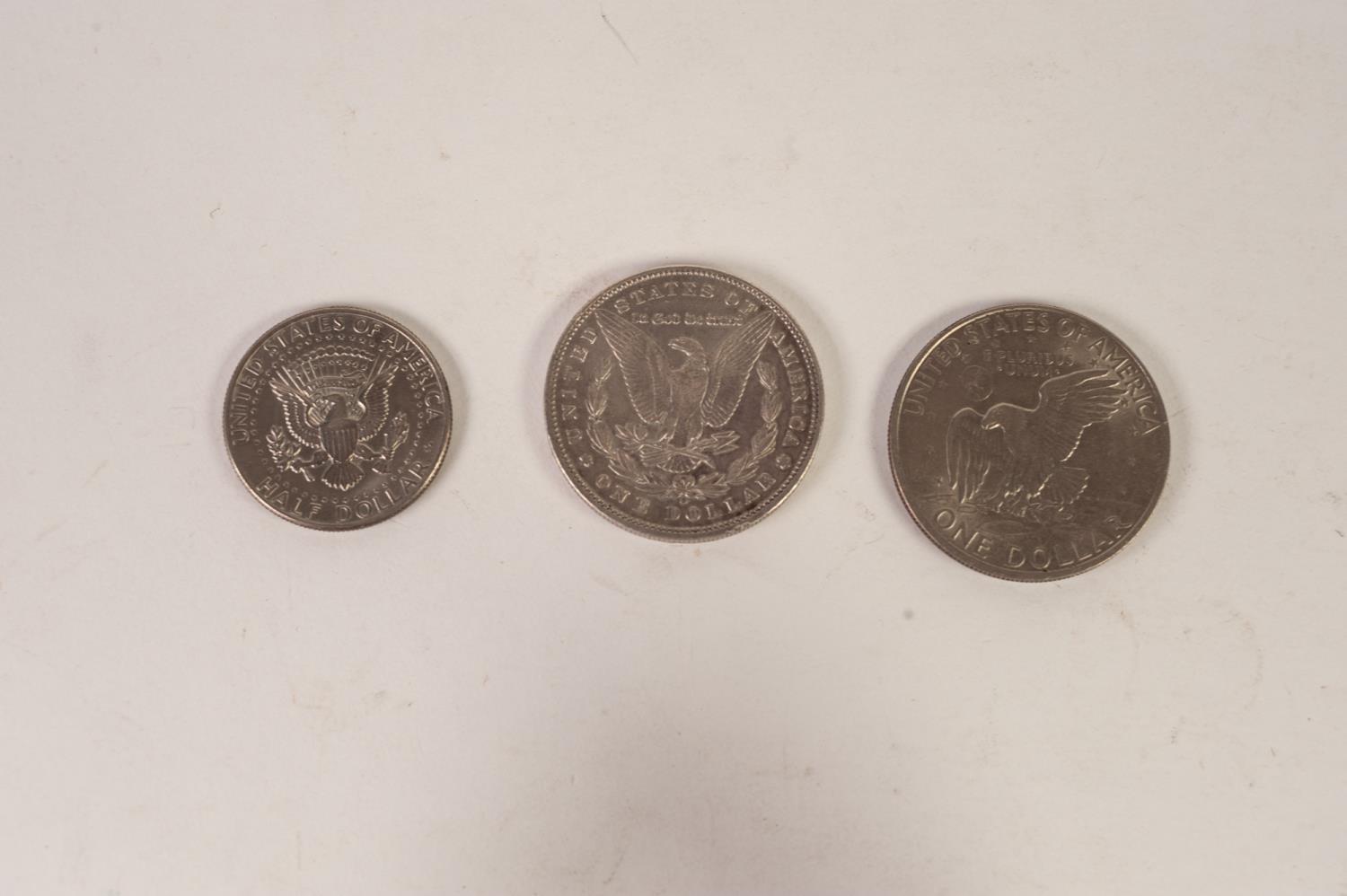 U.S.A. 1889 SILVER ONE DOLLAR COIN (EF), ANOTHER 1971 (EF), AND A HALF DOLLAR 1971 (EF)