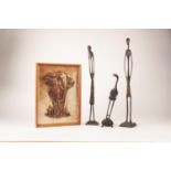 PAIR OF AFRICAN CAST BRONZE ELONGATED STYLISED FIGURES, on square bases, 16" (40.6cm) high, an