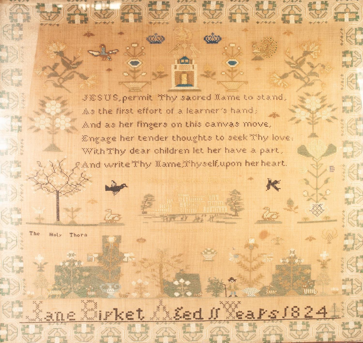EARLY NINETEENTH CENTURY LARGE SAMPLER, centred with a small image of 'Crystal Palace' with