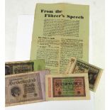 FOUR GERMAN BANK NOTES, and a page of text, ‘From the Fuhrer’s Speech’, (5)