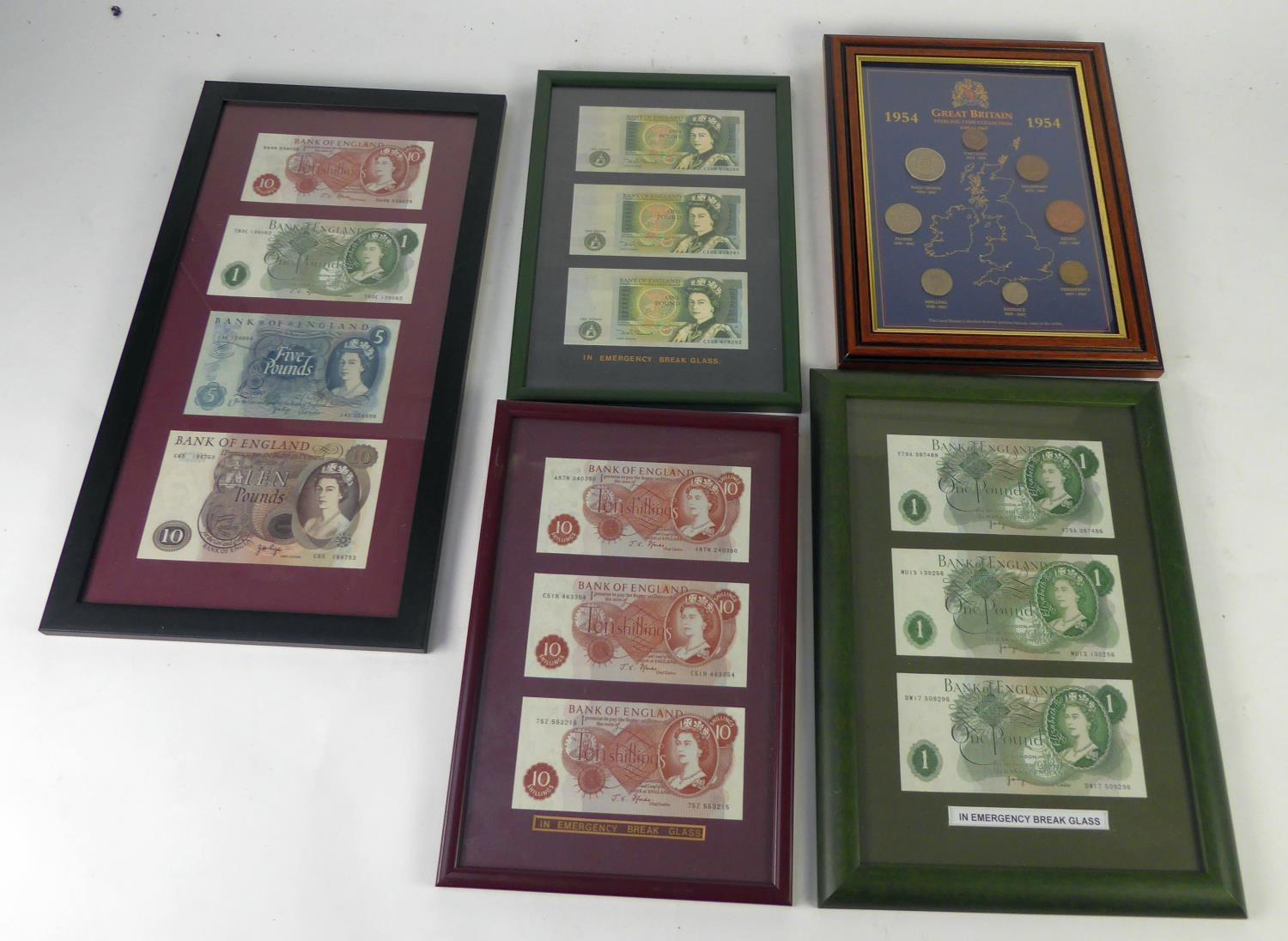 FRAMED SET OF THREE ELIZABETH II CONSECUTIVE GREEN ONE POUND NOTES, D.H.F Somerset chief cashier