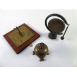 OLD BRASS COUNTER BELL; a small metal GONG and BEATER, 7" (17.7cm) high and a metal square SUNDIAL