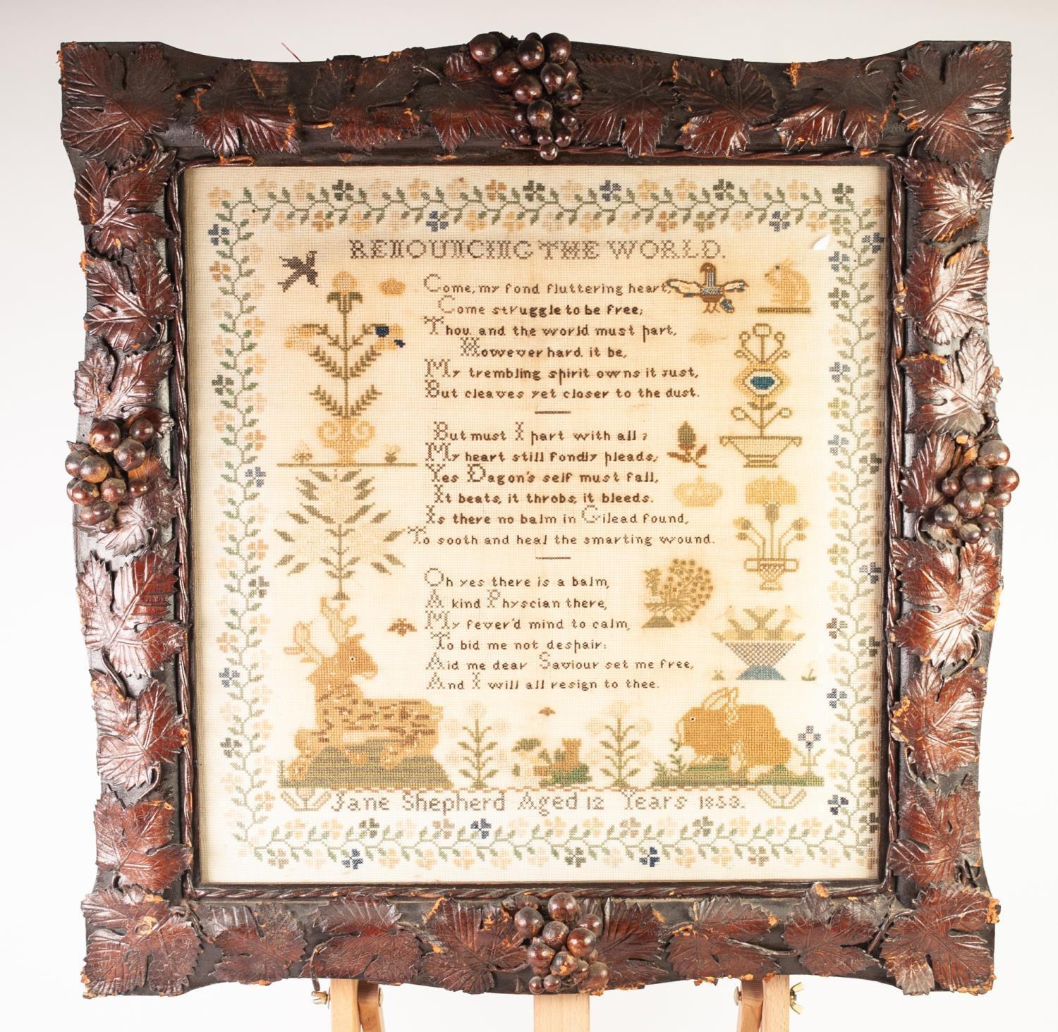 GOOD QUALITY MID NINETEENTH CENTURY SAMPLER, PRODUCED BY JANE SHEPHERD, AGED 12 YEARS 1853,