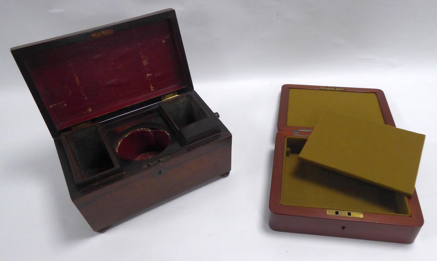 NINETEENTH CENTURY ROSEWOOD TEA CADDY, of sarcophagus form with bun feet, the interior with a pair - Image 2 of 3