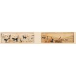 A PAIR OF STEVENGRAPH MACHINE WOVEN SILK PICTURES OF FOX HUNTING SCENES, 'The Meet' and 'Full Cry'