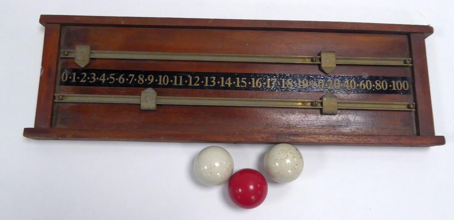 WALL MOUNTED MAHOGANY BILLIARD SCORE BOARD WITH BRASS MOUNTS, 7” X 22” (17.8cm x 55.9cm), together