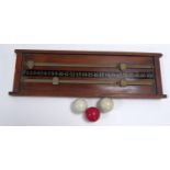 WALL MOUNTED MAHOGANY BILLIARD SCORE BOARD WITH BRASS MOUNTS, 7” X 22” (17.8cm x 55.9cm), together