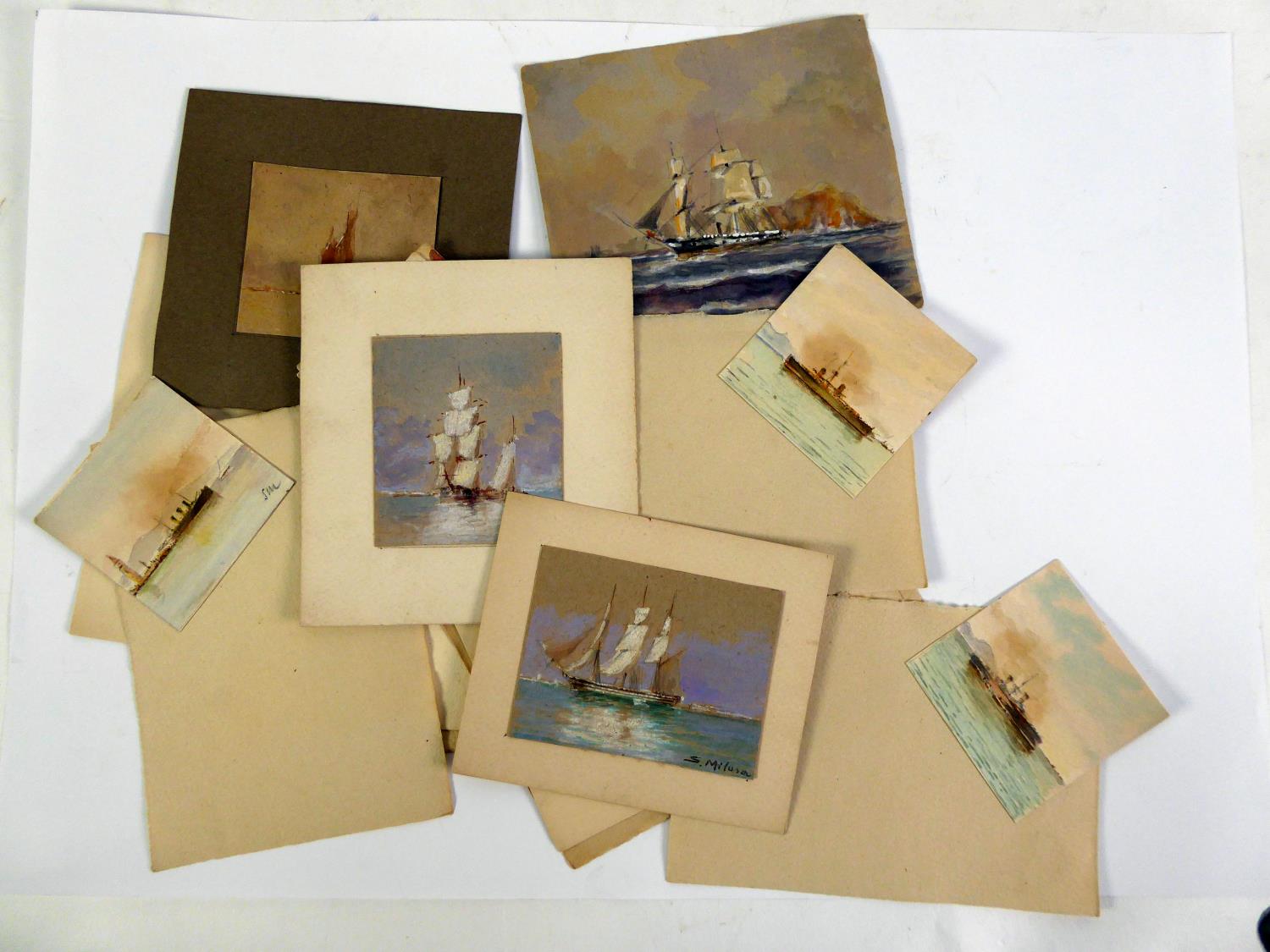 S. MILOSA 14 UNFRAMED EARLY 20th CENTURY MINIATURE WATERCOLOUR DRAWINGS Each featuring a ship or