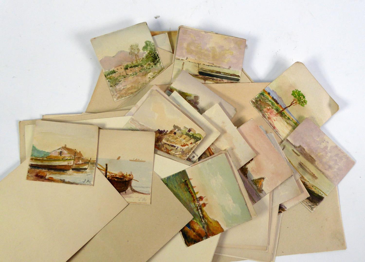 S. MILOSA TWENTY FOUR UNFRAMED EARLY TWENTIETH CENTURY MINIATURE WATERCOLOUR DRAWINGS of a ship or