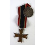 GERMAN WWII BRONZE 1939 MERIT CROSS and the ribbon and a CRIMEA 1855 TURKISH WAR MEDALLION (2)