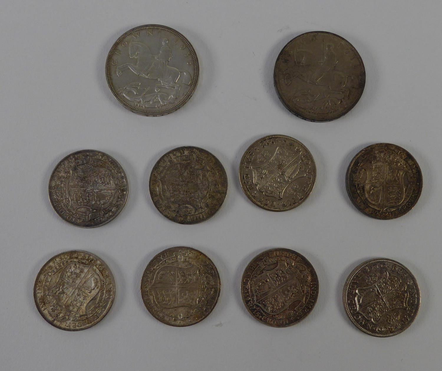 TWO GEORGE V SILVER CROWN COINS, 1935 (VF) and EIGHT VARIOUS GEORGE V SILVER HALF CROWNS (mainly