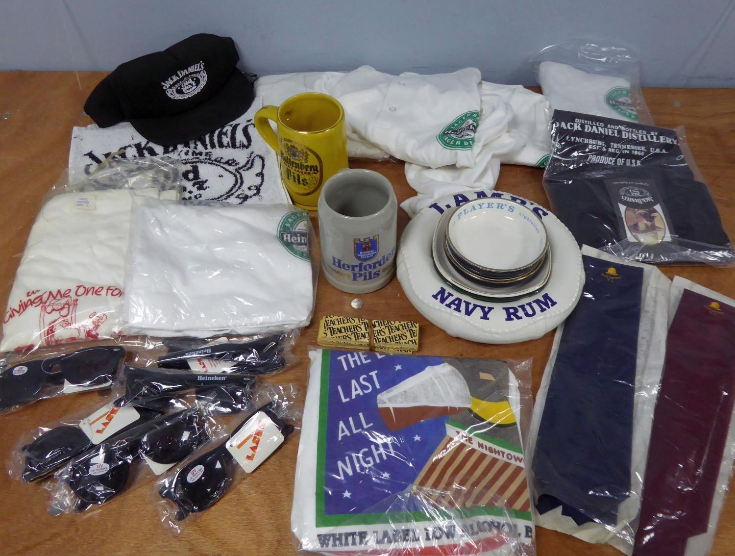 QUANTITY OF BEER PROMOTIONAL ITEMs, as new, viz a large Lamb's Navy Rum lifering pattern pottery