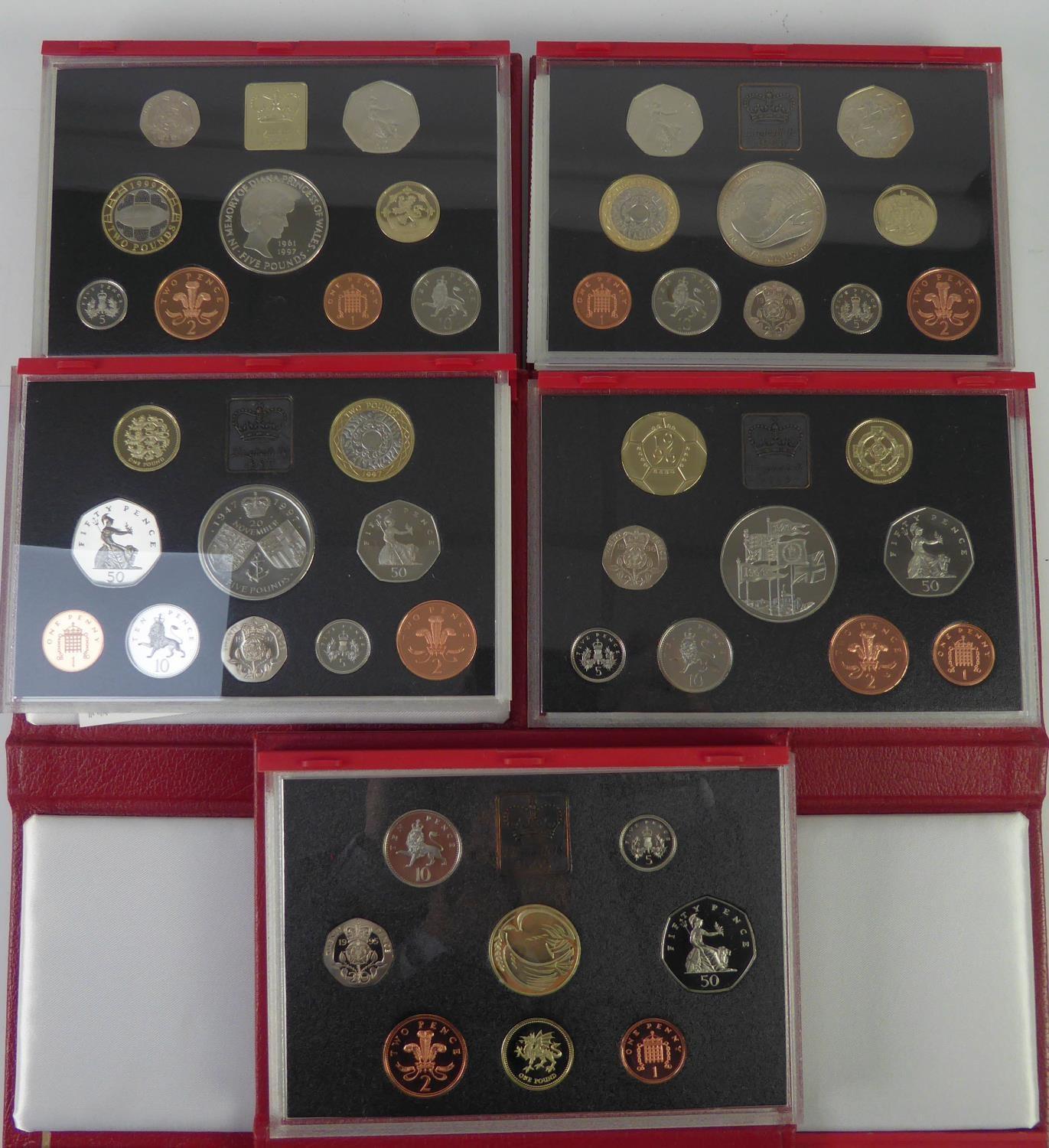 ROYAL MINT ISSUED COMMEMORATIVE COIN SETS 1990-1999, in original boxes unused (6)