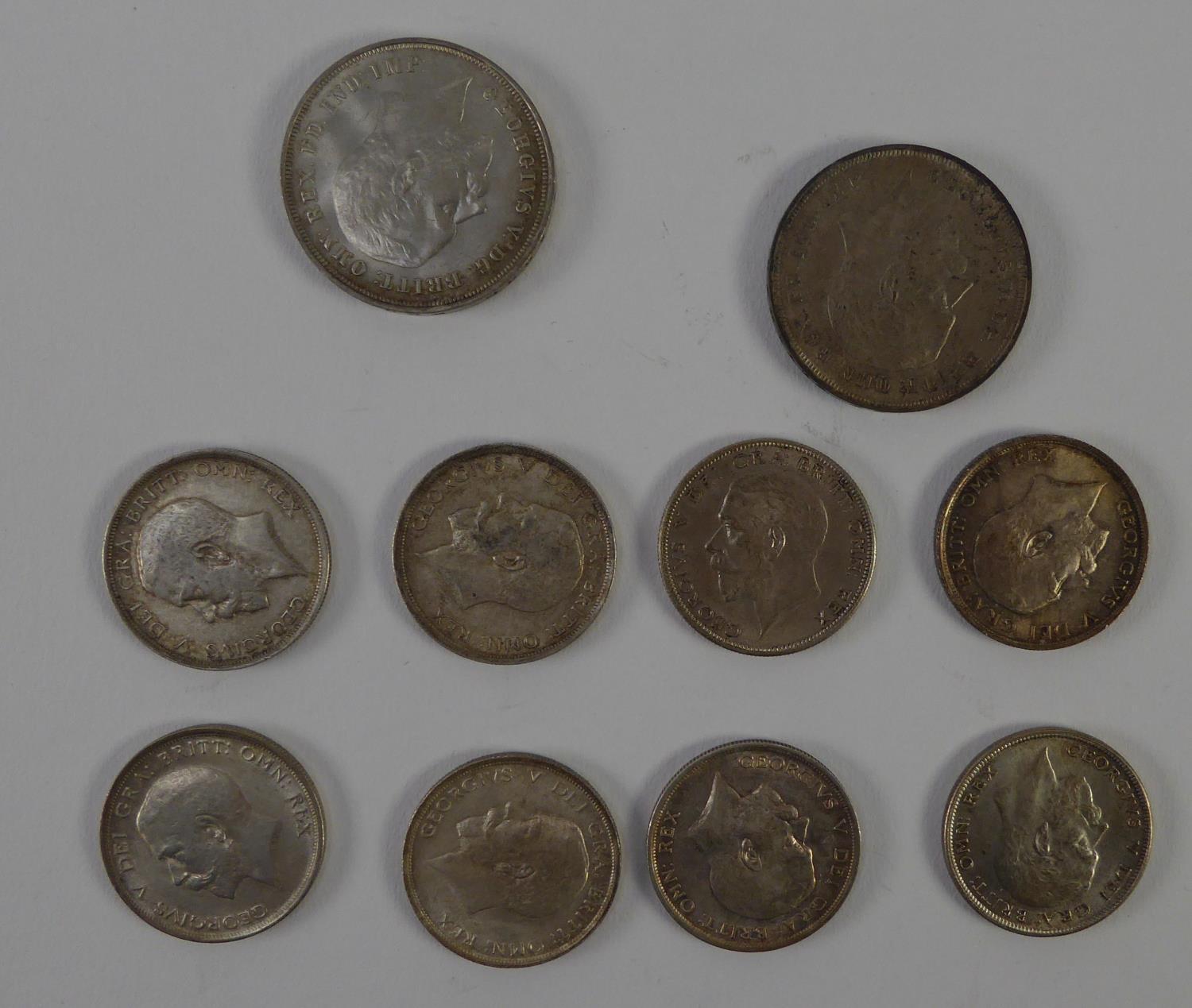 TWO GEORGE V SILVER CROWN COINS, 1935 (VF) and EIGHT VARIOUS GEORGE V SILVER HALF CROWNS (mainly - Image 2 of 2