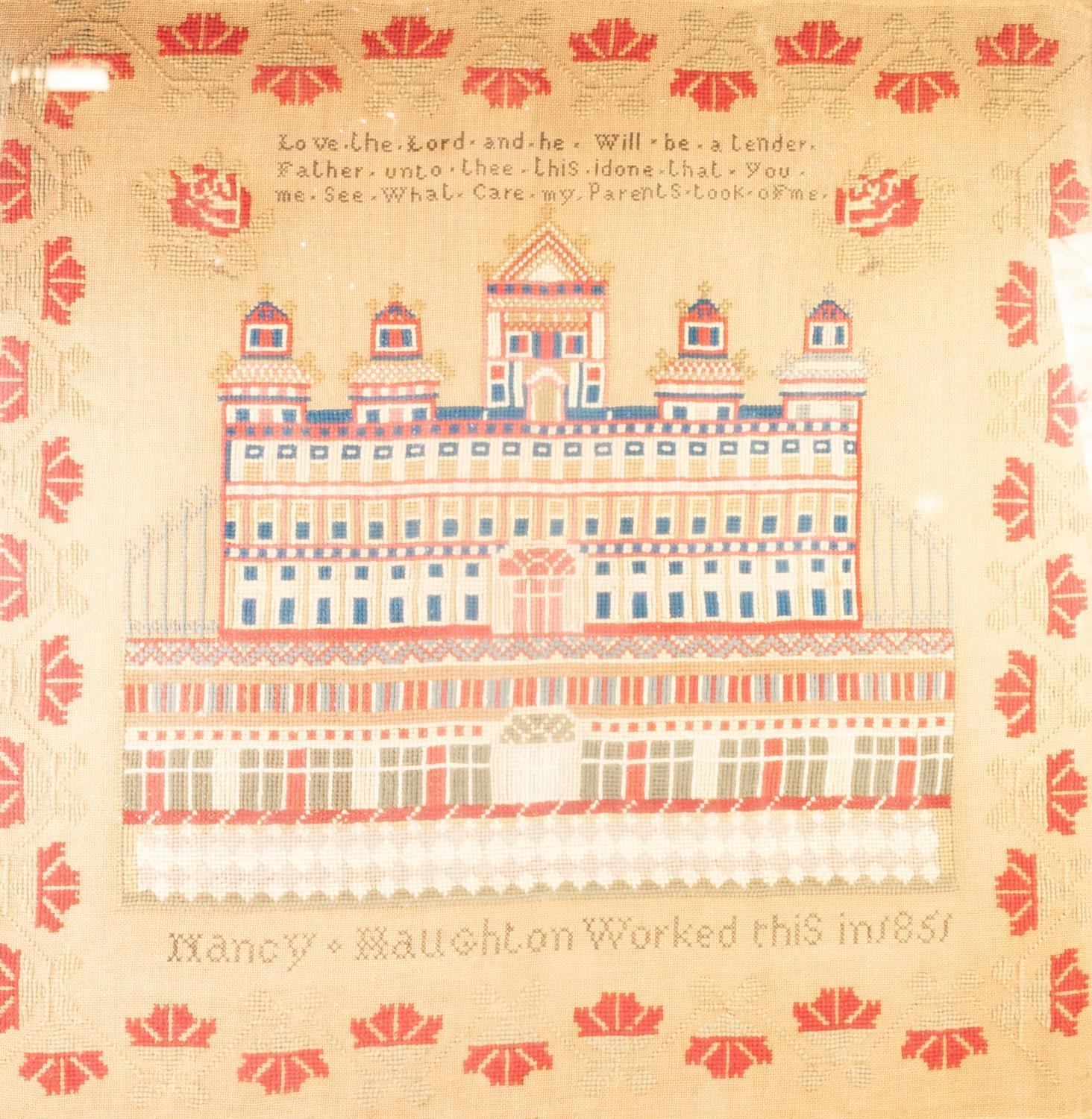 GOOD LARGE MID NINETEENTH CENTURY WOOKWORK SAMPLER, FEATURING A PALATIAL BULDING, with verse