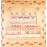 GOOD LARGE MID NINETEENTH CENTURY WOOKWORK SAMPLER, FEATURING A PALATIAL BULDING, with verse