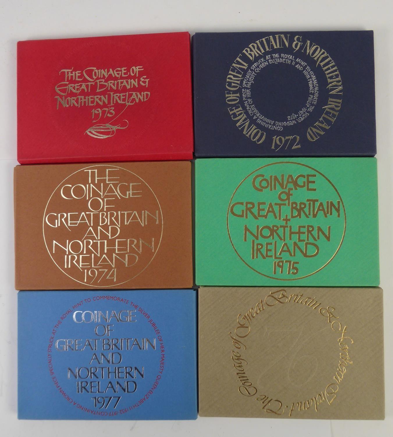 ROYAL MINT ISSUED COMMEMORATIVE COIN SETS 1972-1977, in original boxes unused (6)