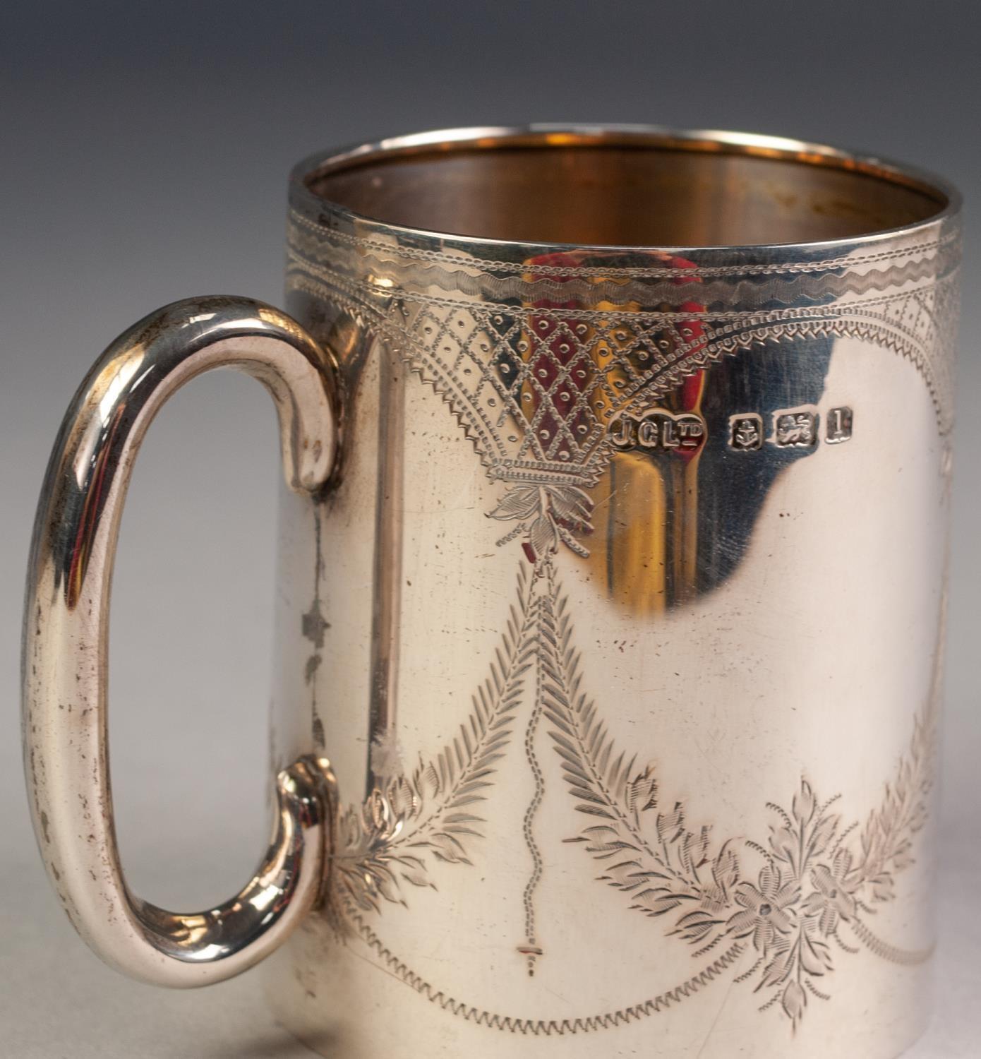 GEORGE V ENGRAVED SILVER CHRISTENING MUG, of tapering form with loop handle, 3 Â¼â€ (8.2cm) high, - Image 2 of 2